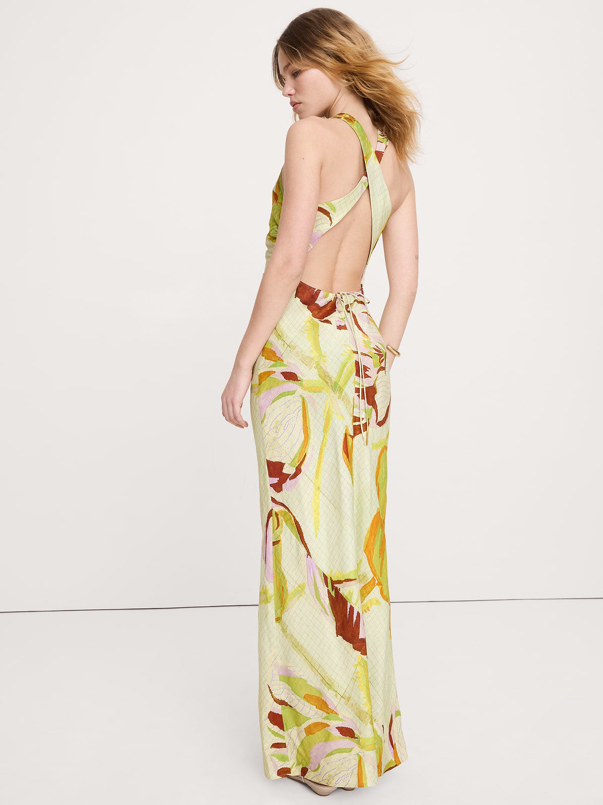 Viscose-Linen Cowl-Neck Dress - Green Floral Gid