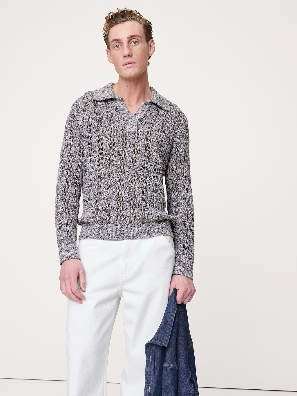 Cotton-Blend Zig-Zag Sweater Polo - Salt, Pepper, & Camel Marl