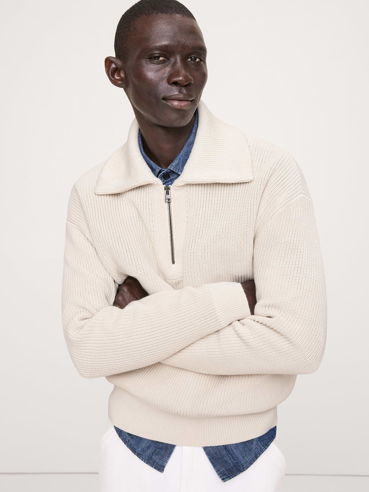 Cotton Ribbed Zip Sweater Polo - Cream White