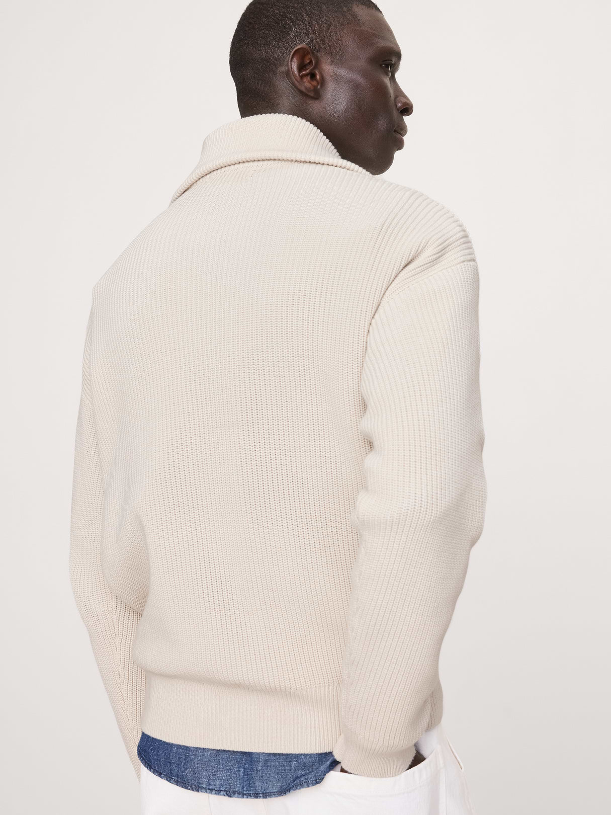 Cotton Ribbed Zip Sweater Polo - Cream White