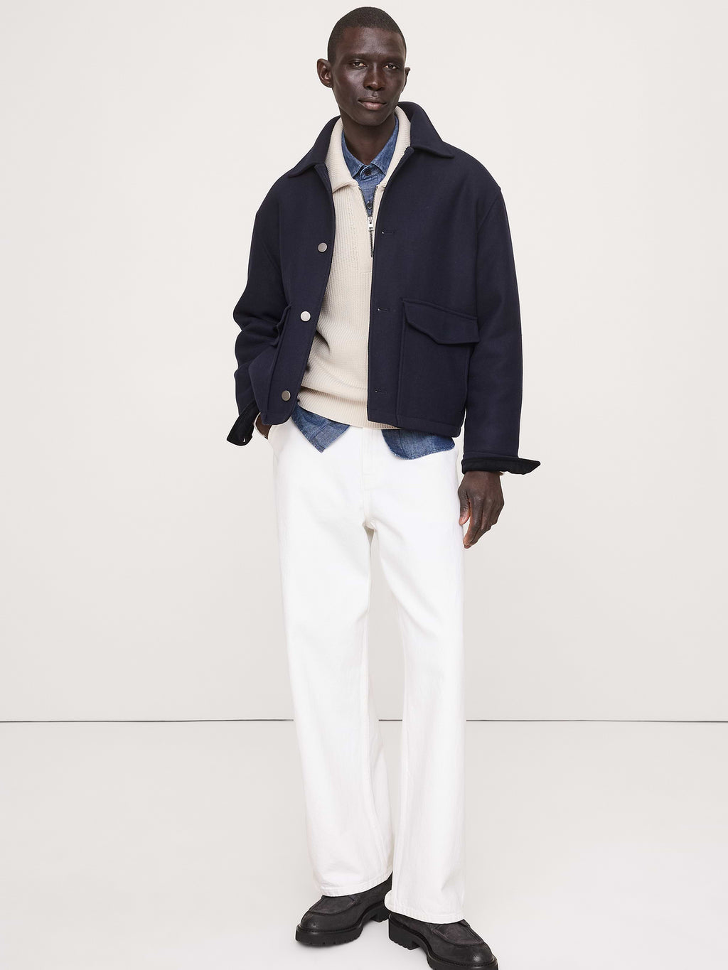 Cotton Ribbed Zip Sweater Polo - Cream White