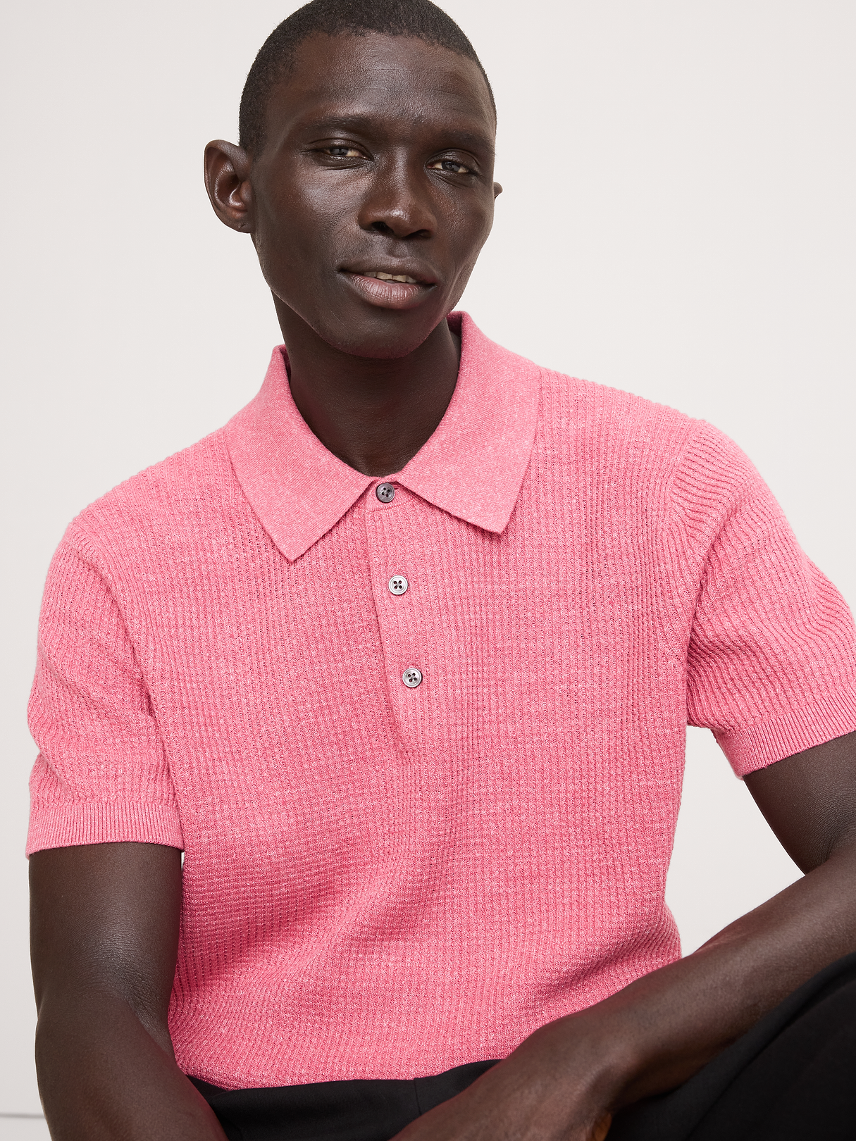 Linen-Cotton Sweater Polo - Pink Spring Tulip