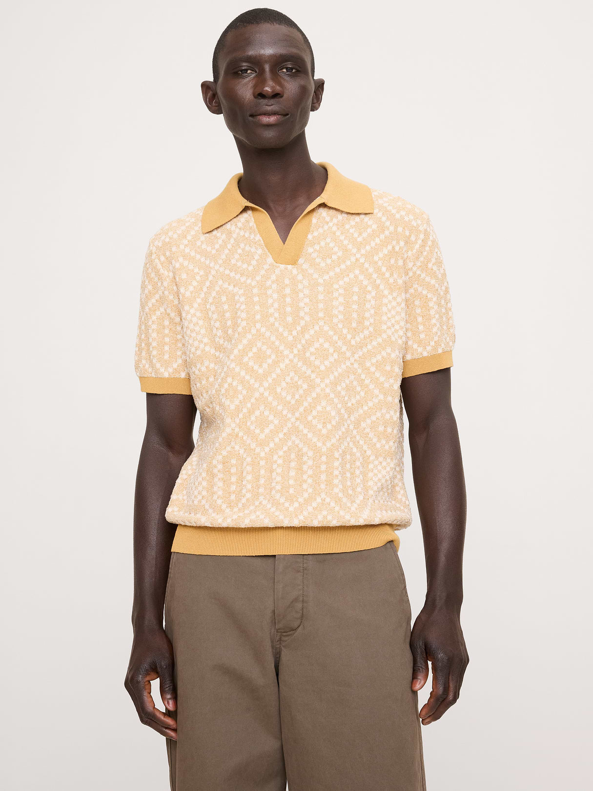 Linen-Cotton Blend Jacquard Polo - Golden Bark Yellow