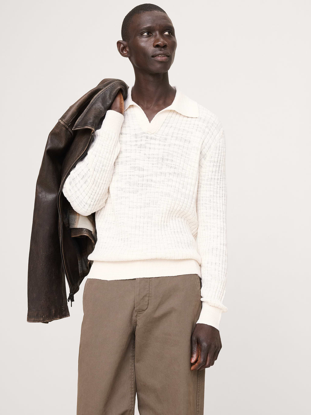Linen-Cotton Slub Sweater Polo - Cream White
