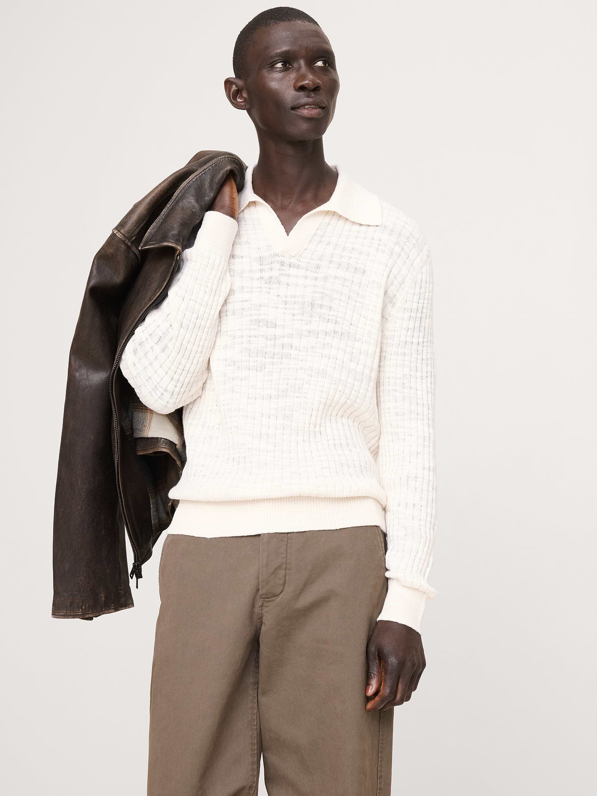Linen-Cotton Slub Sweater Polo - Cream White