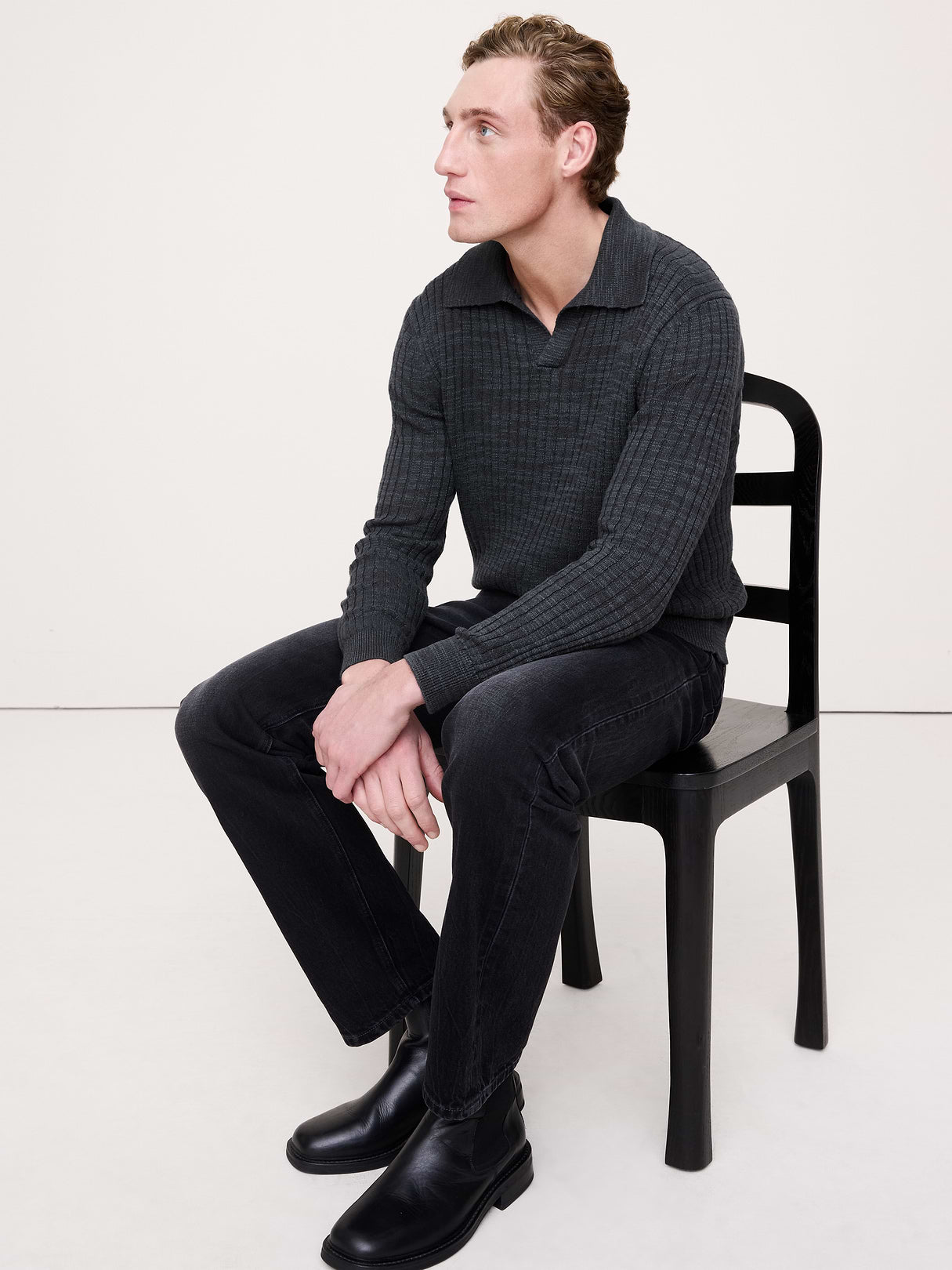 Linen-Cotton Slub Sweater Polo - Washed Black