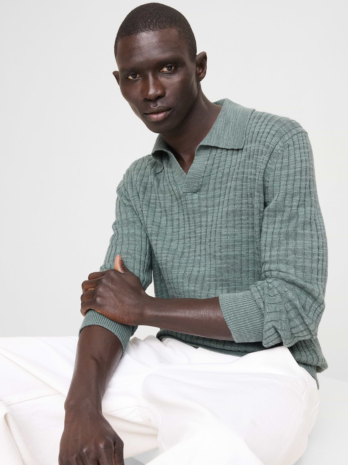 Linen-Cotton Slub Sweater Polo - The Blues