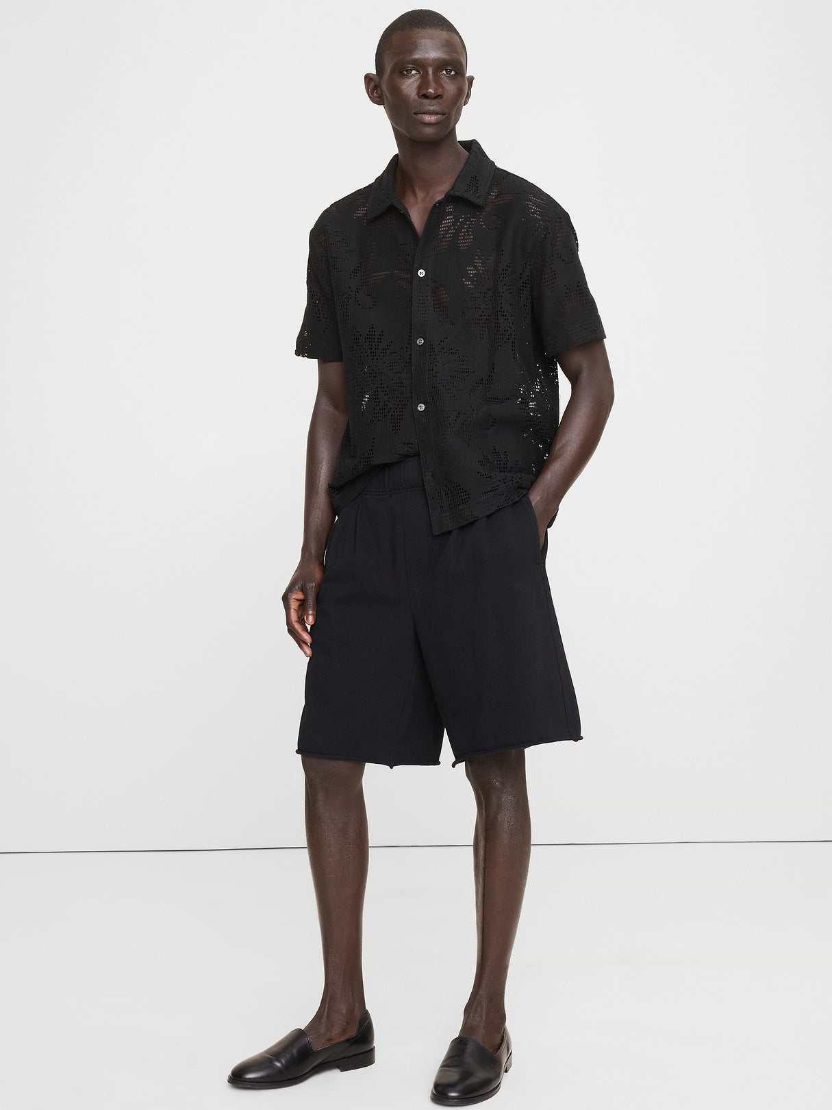 Relaxed Cotton-Fleece Pleated Pull-On Short - Black