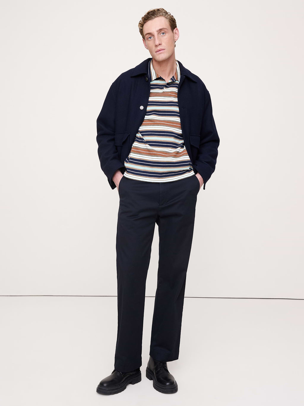 Relaxed Stripe Cotton Johnny-Collar Polo - Multi Stripe