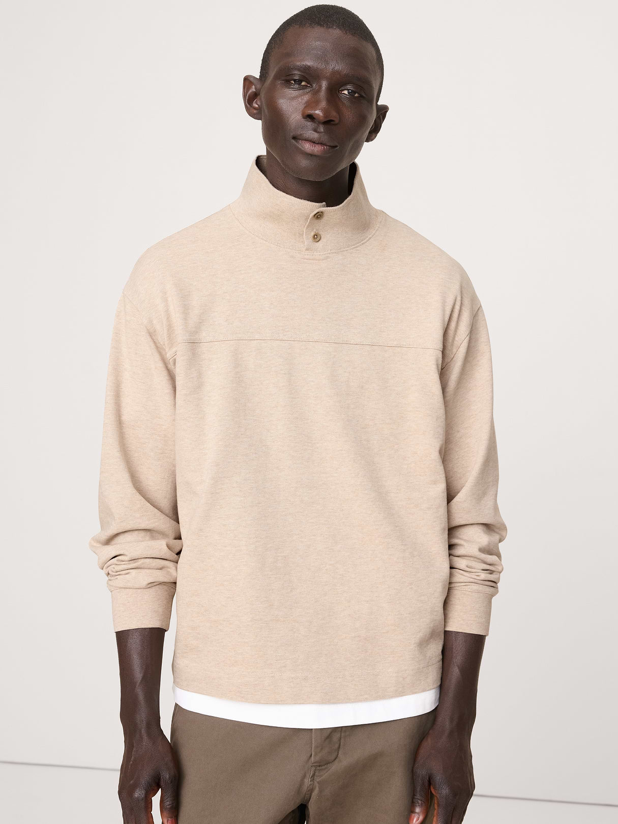 Cotton Fleece Mock Neck Sweatshirt - Heather Oatmeal