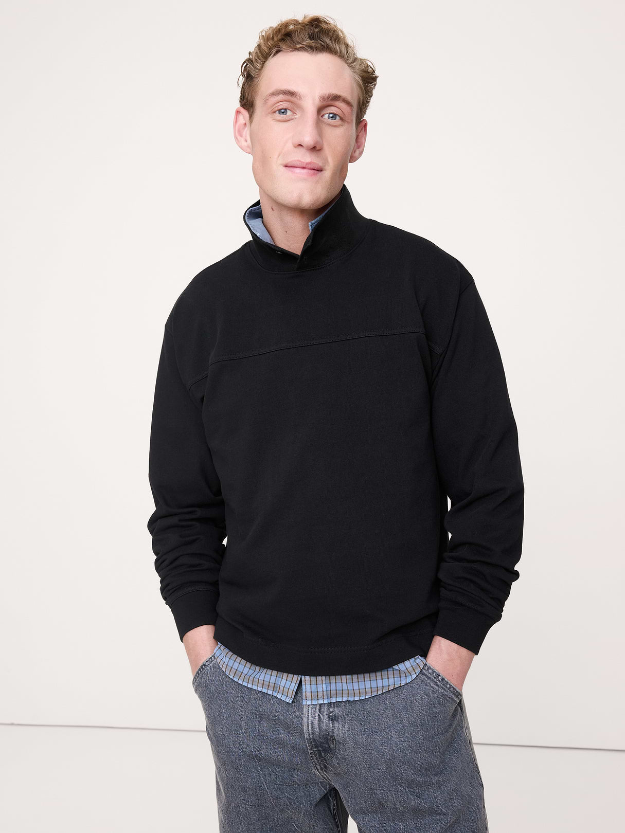 Cotton Fleece Mock Neck Sweatshirt - Black