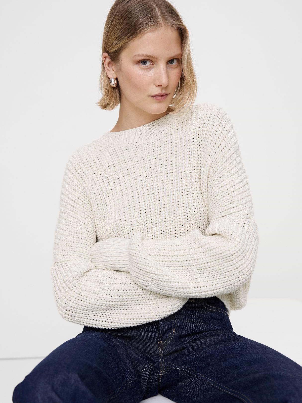 Chunky Cotton Crew-Neck Sweater - Cream White