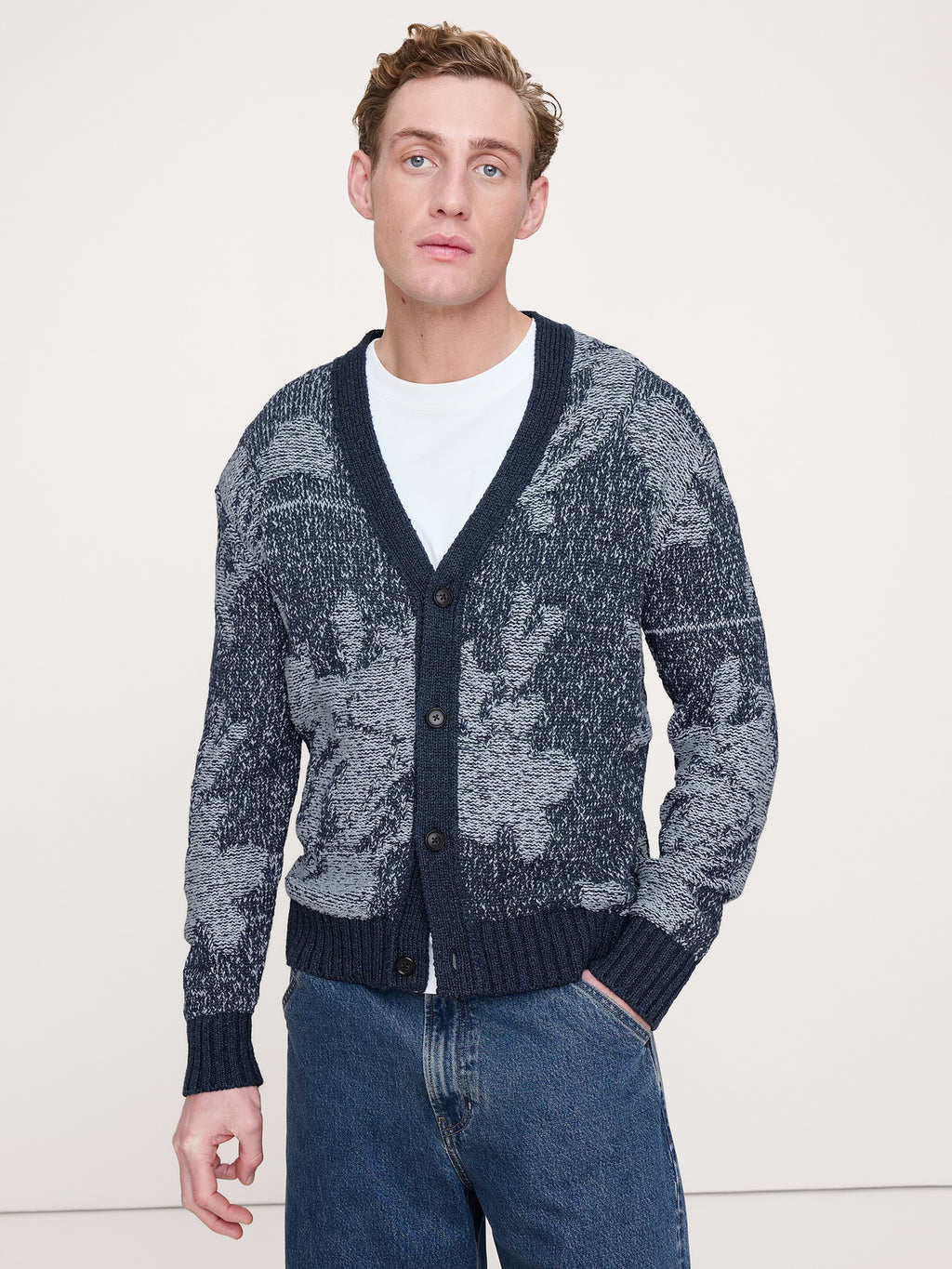 Floral Cotton-Linen Blend Cardigan - Blue Gray