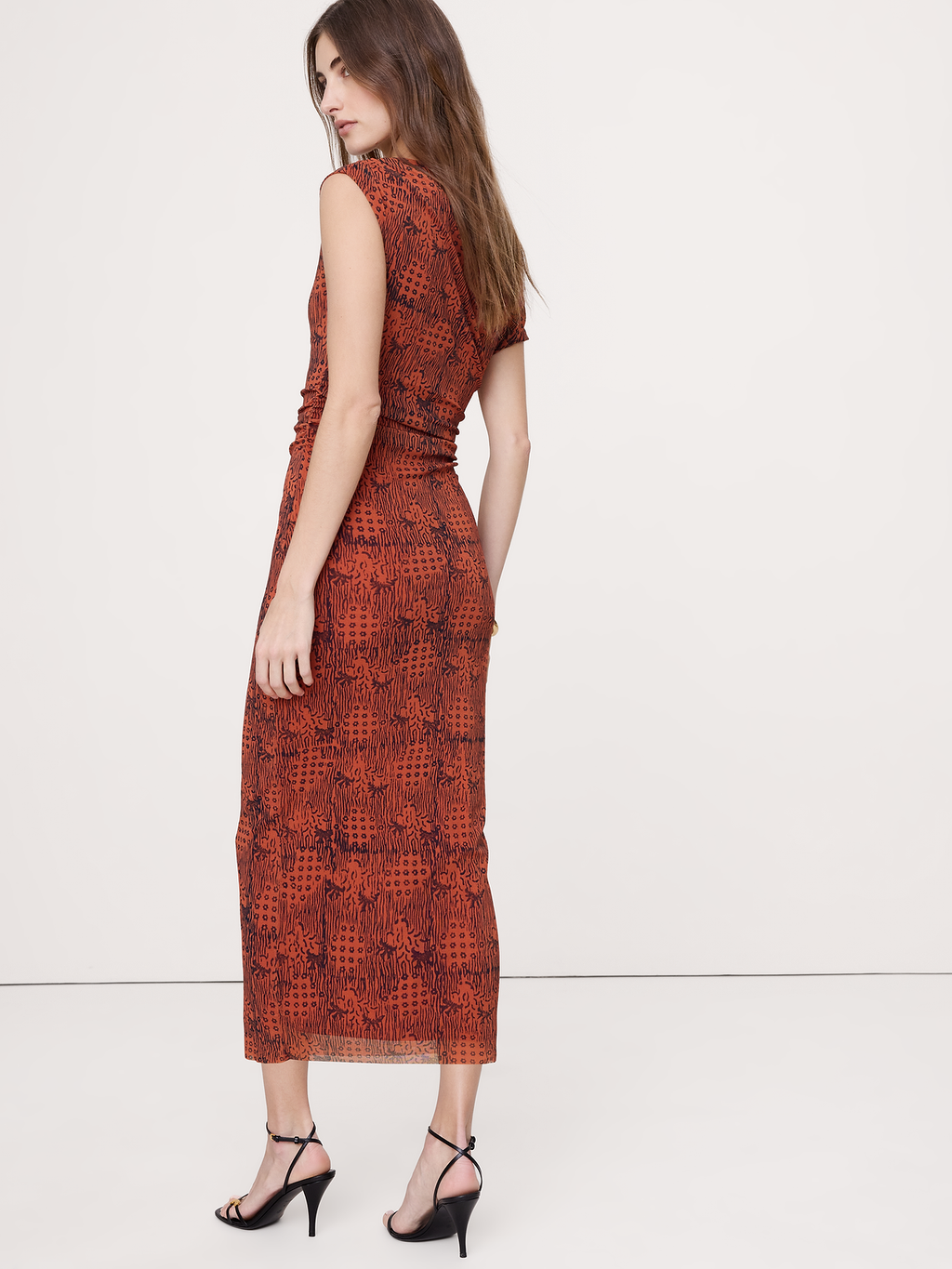 Mesh Off-Shoulder Maxi Dress - Orange Block Print