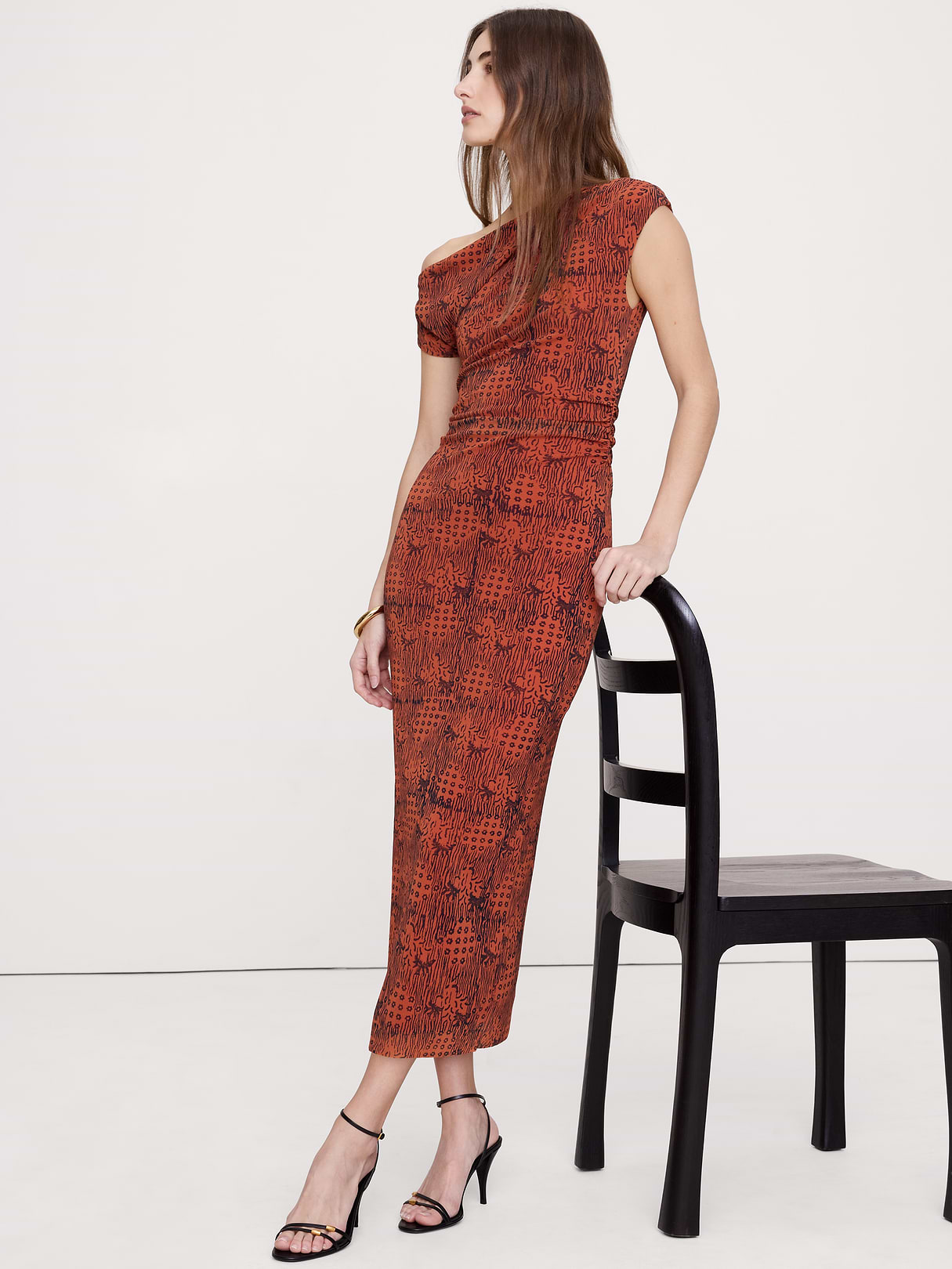 Mesh Off-Shoulder Maxi Dress - Orange Block Print