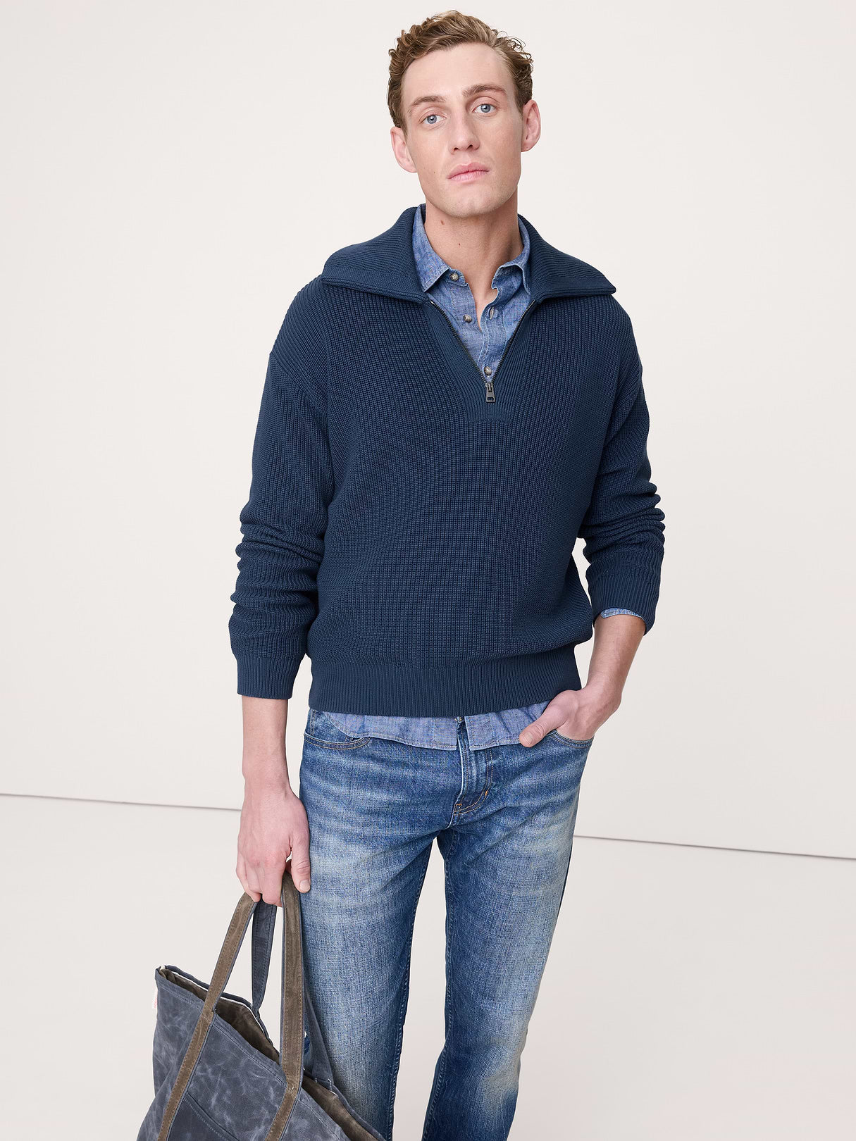 Cotton Ribbed Zip Sweater Polo - Dark Denim Blue