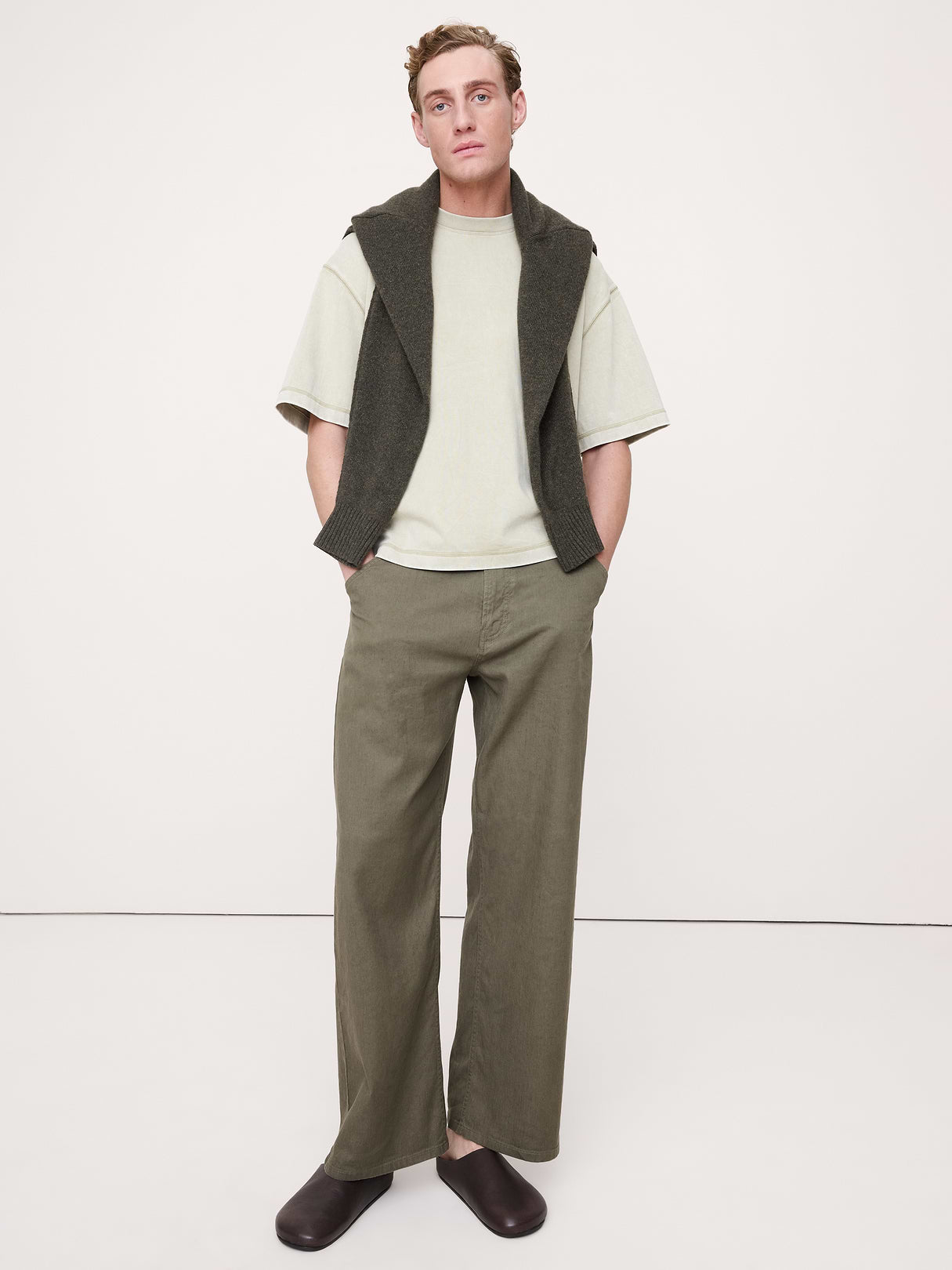 Loose Italian Linen-Cotton Pant - Dark Cypress Green