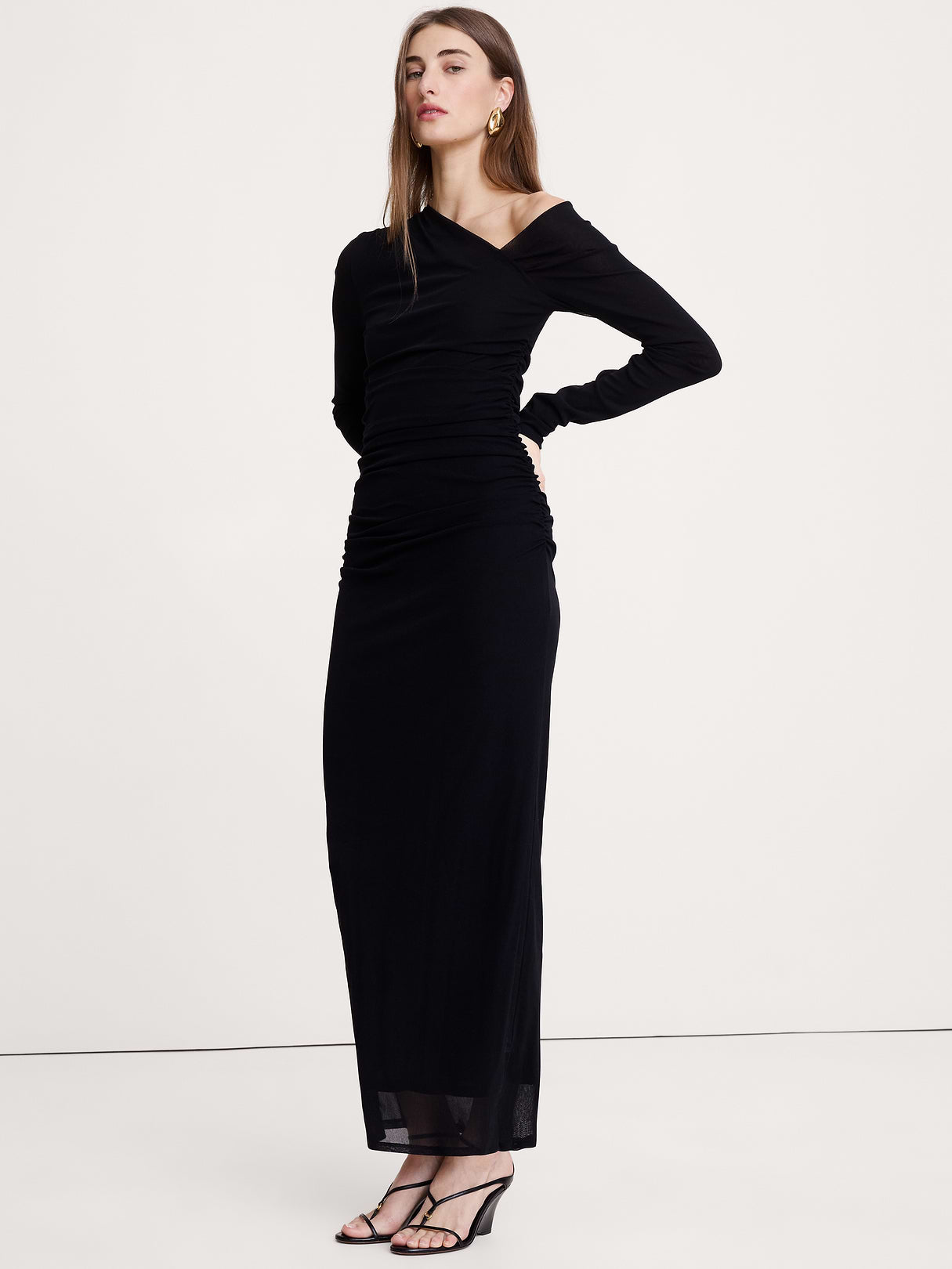 Mesh Asymmetric Ruched Maxi Dress - Black