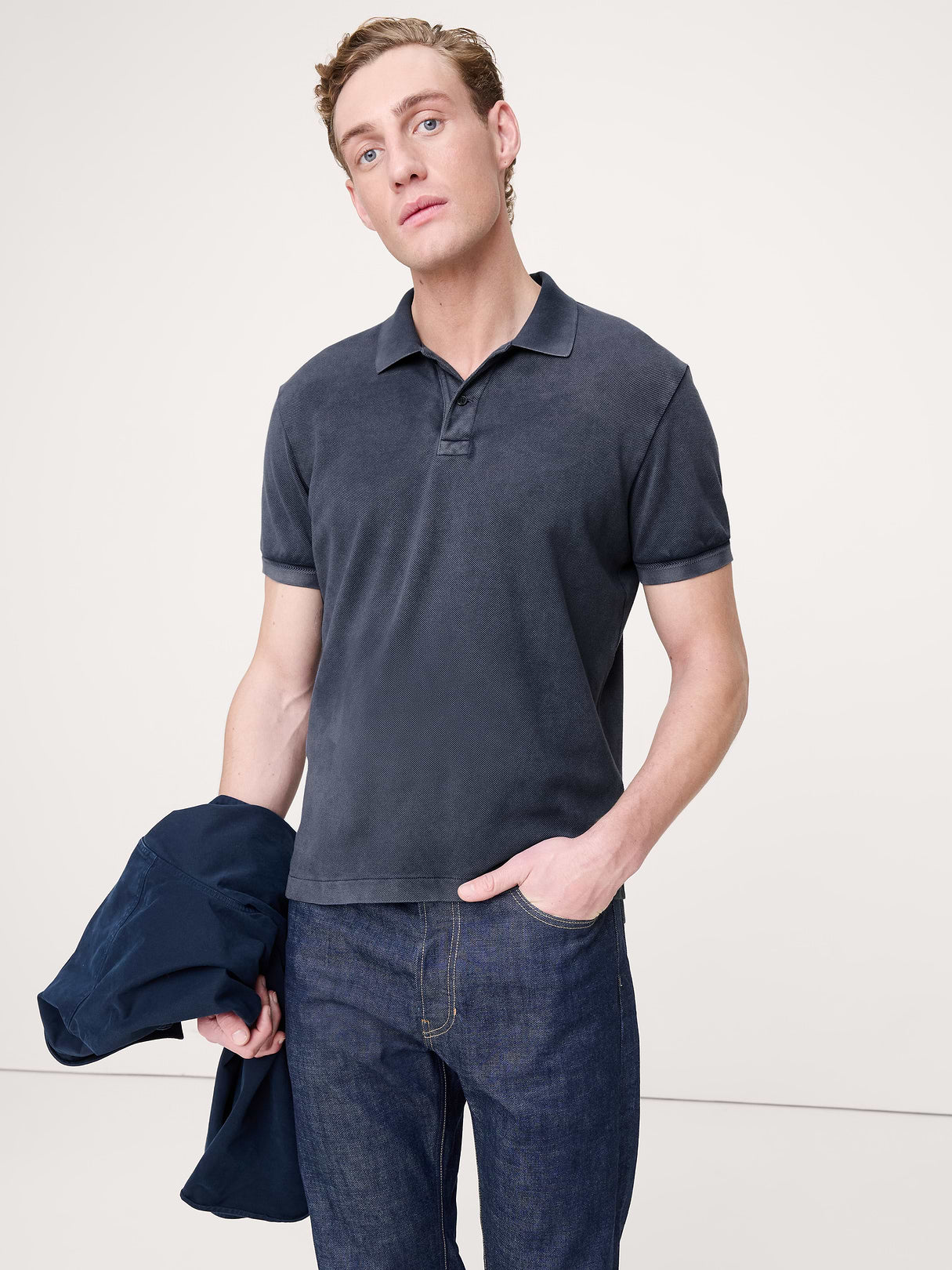 Sueded Cotton Pique Polo - Washed Navy Blue