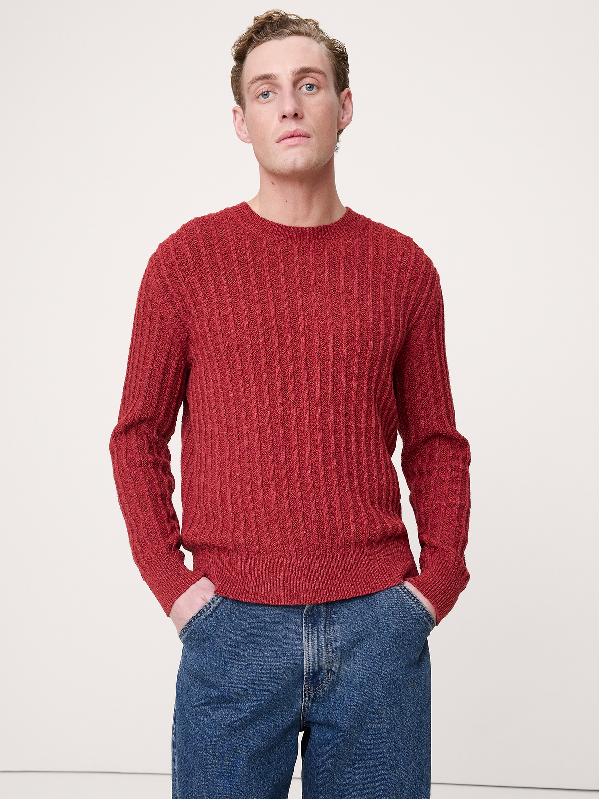 Cotton-Linen Blend Crew-Neck Sweater - Red Terracotta