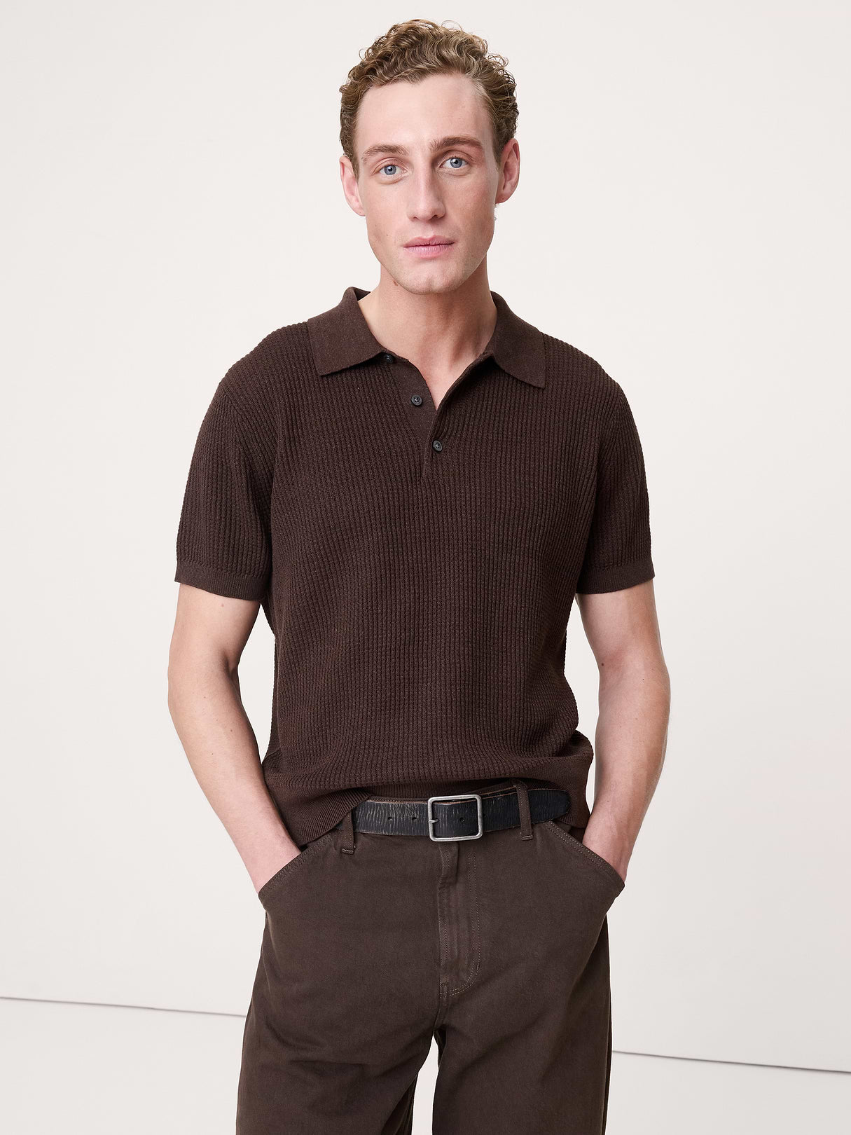 Linen-Cotton Sweater Polo - Mahogany Brown