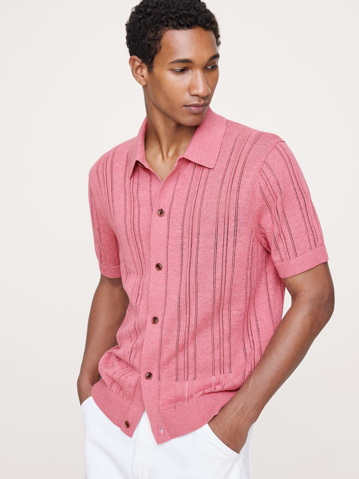 Linen-Cotton Textured Polo Cardigan - Pink Spring Tulip