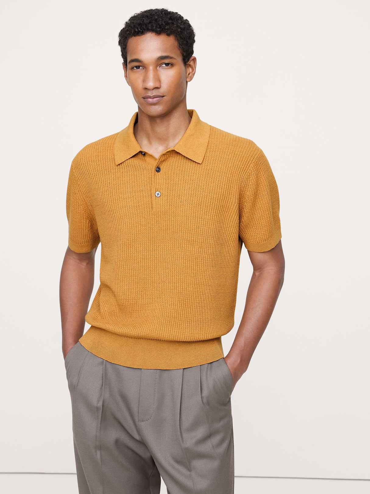 Linen-Cotton Sweater Polo - Golden Bark Yellow