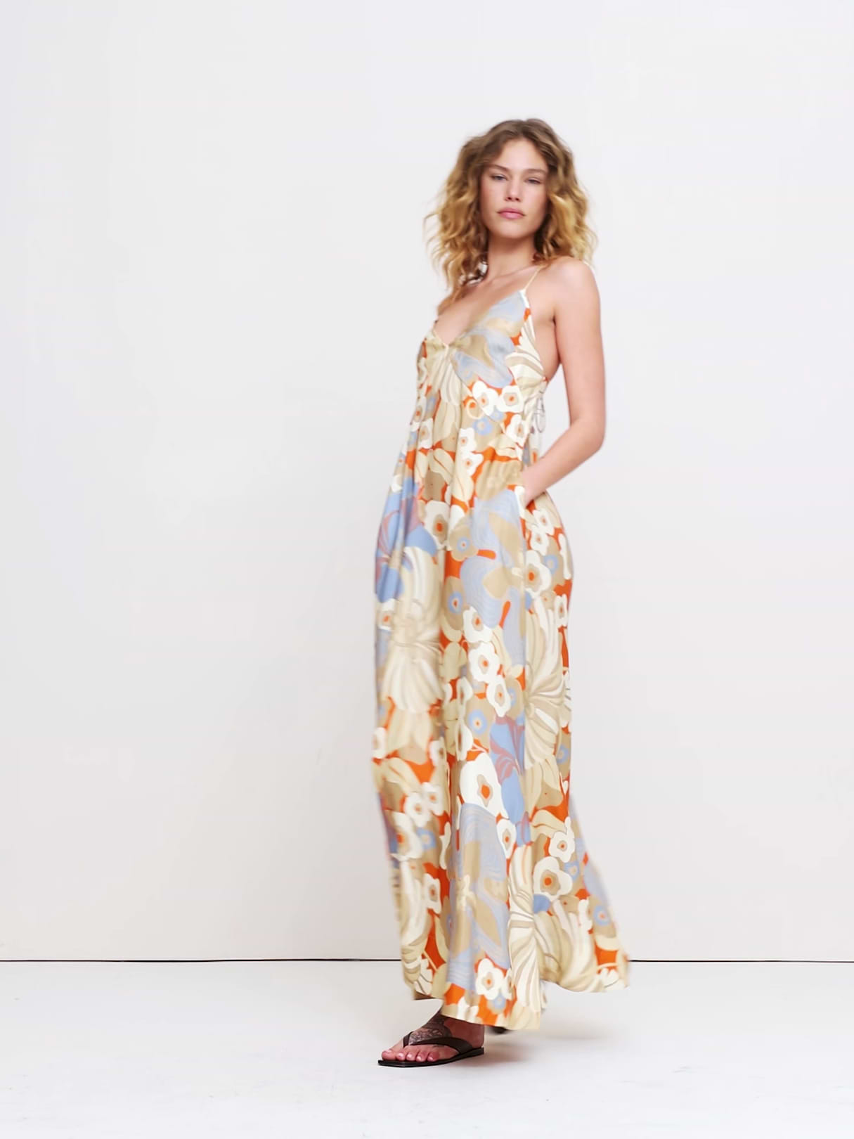 Viscose-Linen Maxi Dress - Orange Floral