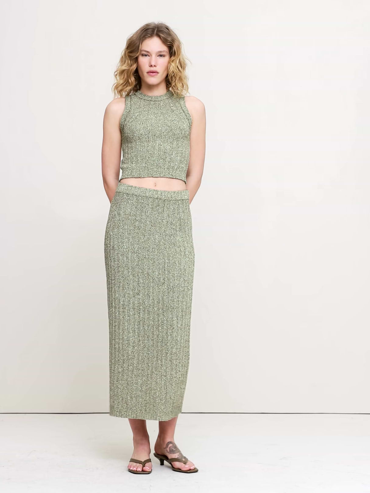 Bouclé Cotton Sweater Skirt - Olive Green Heather