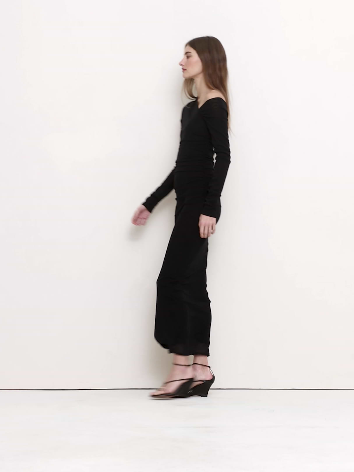 Mesh Asymmetric Ruched Maxi Dress - Black