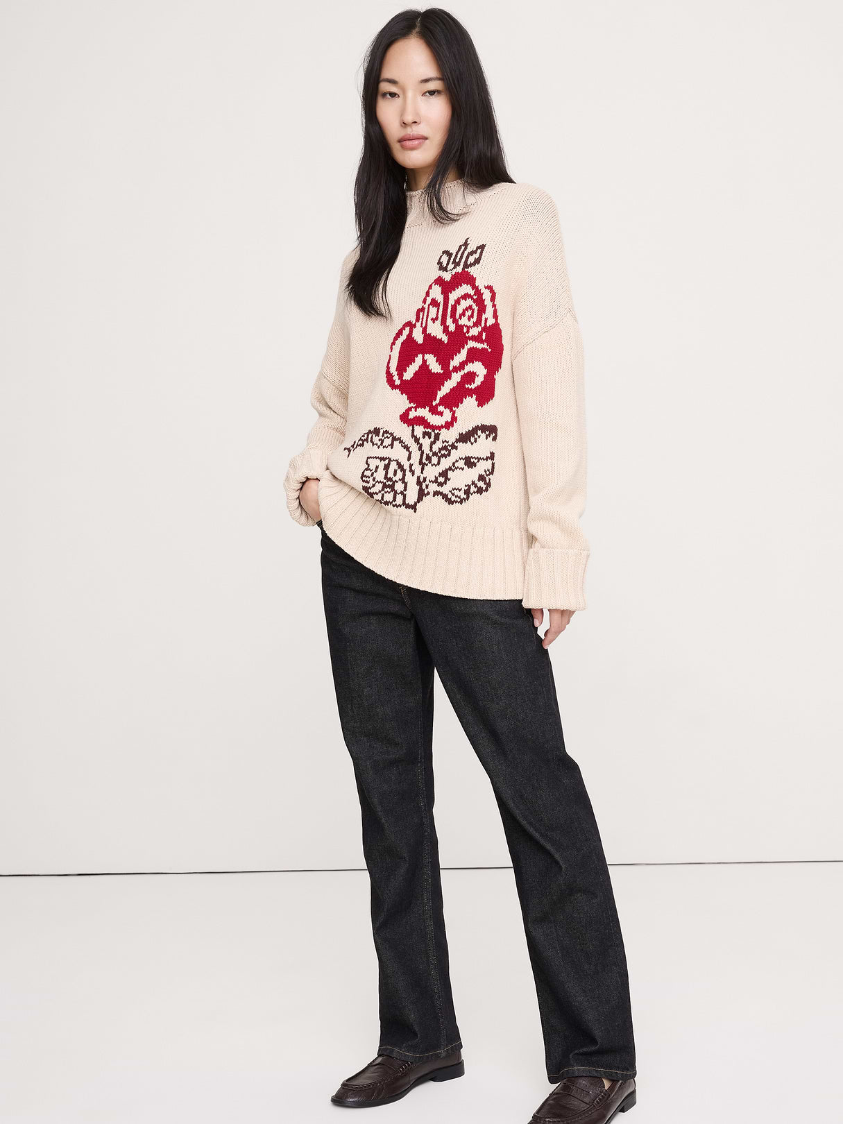 Chunky Cotton Tunic Sweater - Prosecco Beige Intarsia