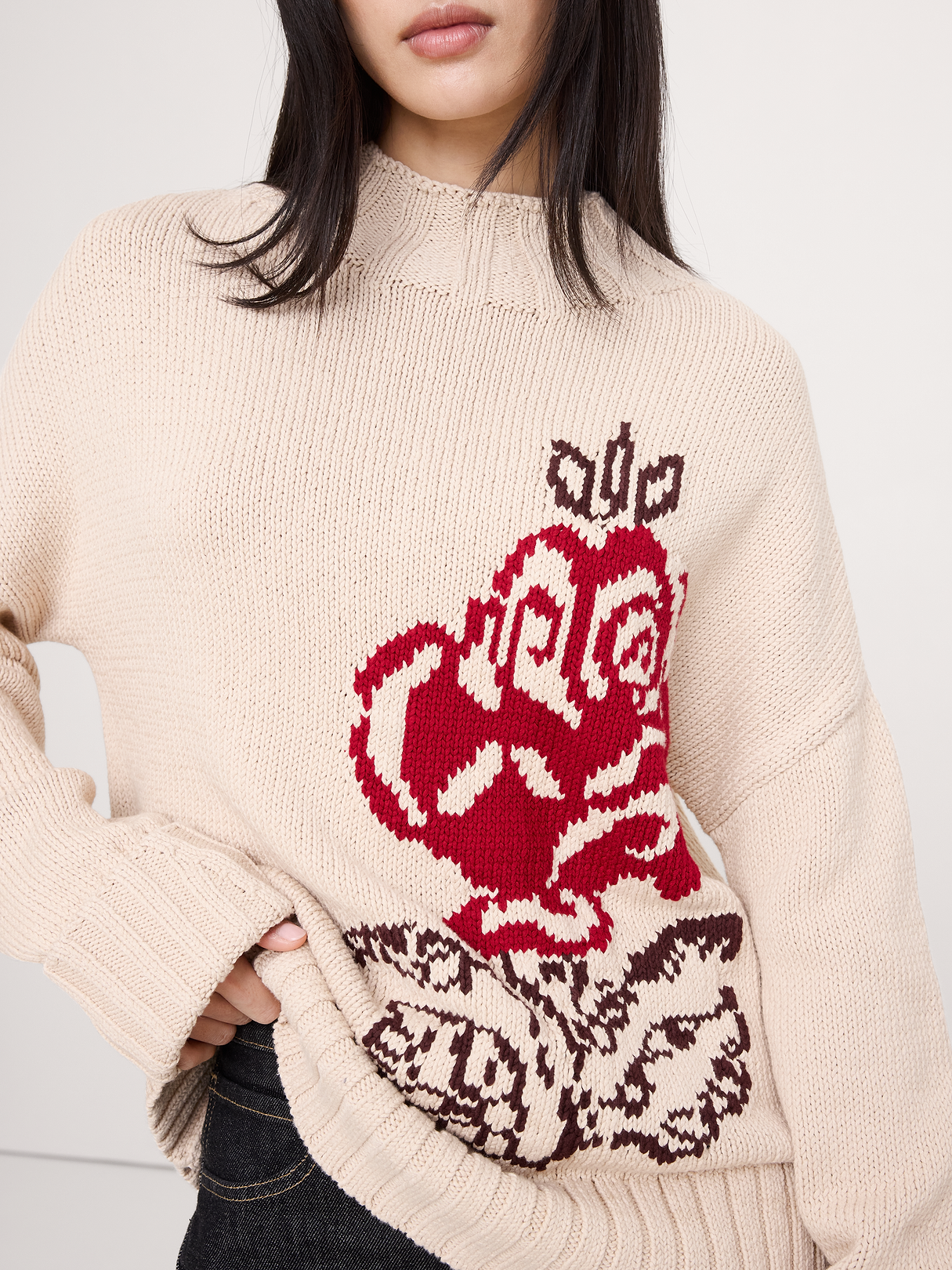 Chunky Cotton Tunic Sweater - Prosecco Beige Intarsia