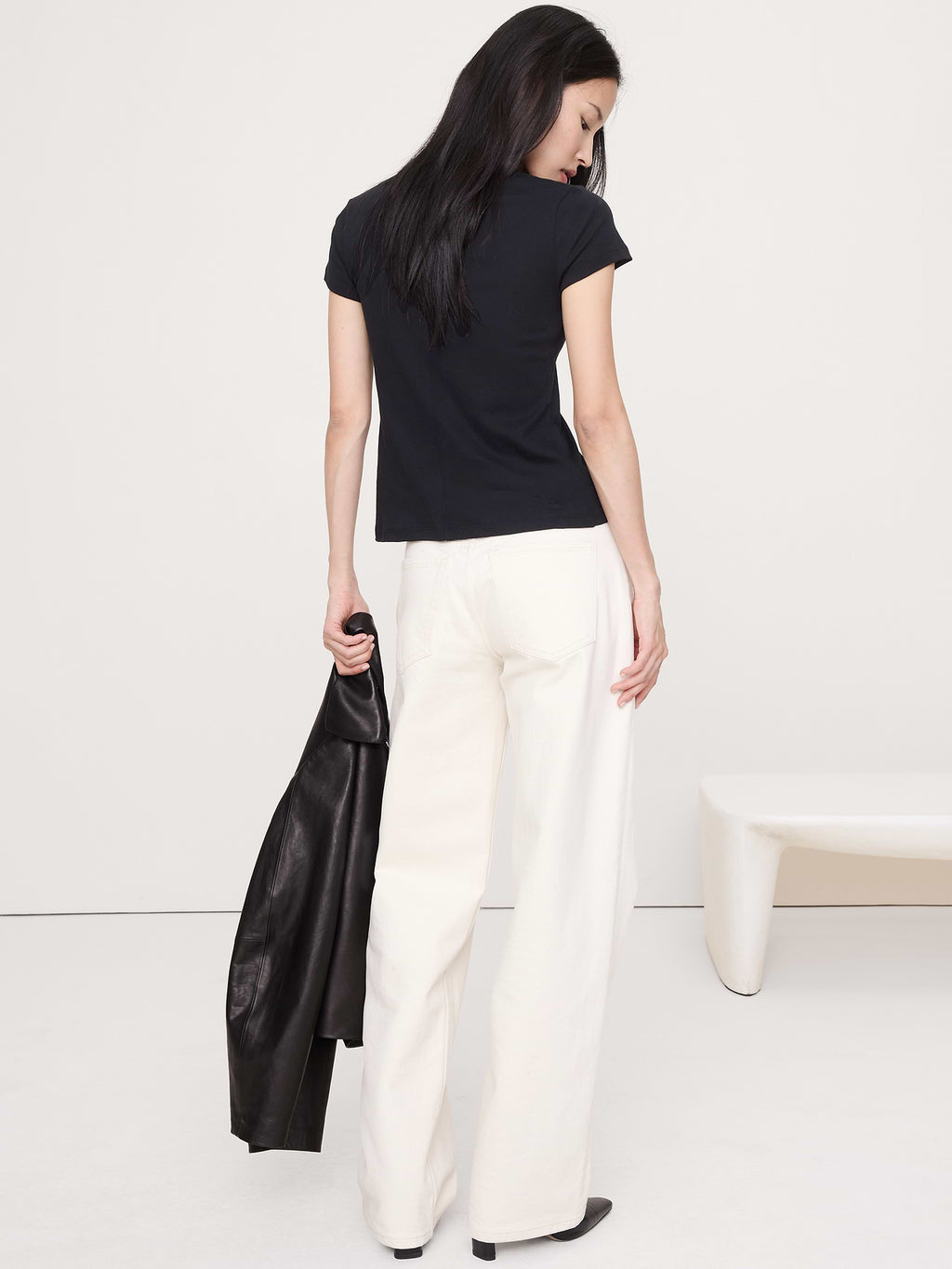 Airy Cotton Mock-Neck T-Shirt - Black