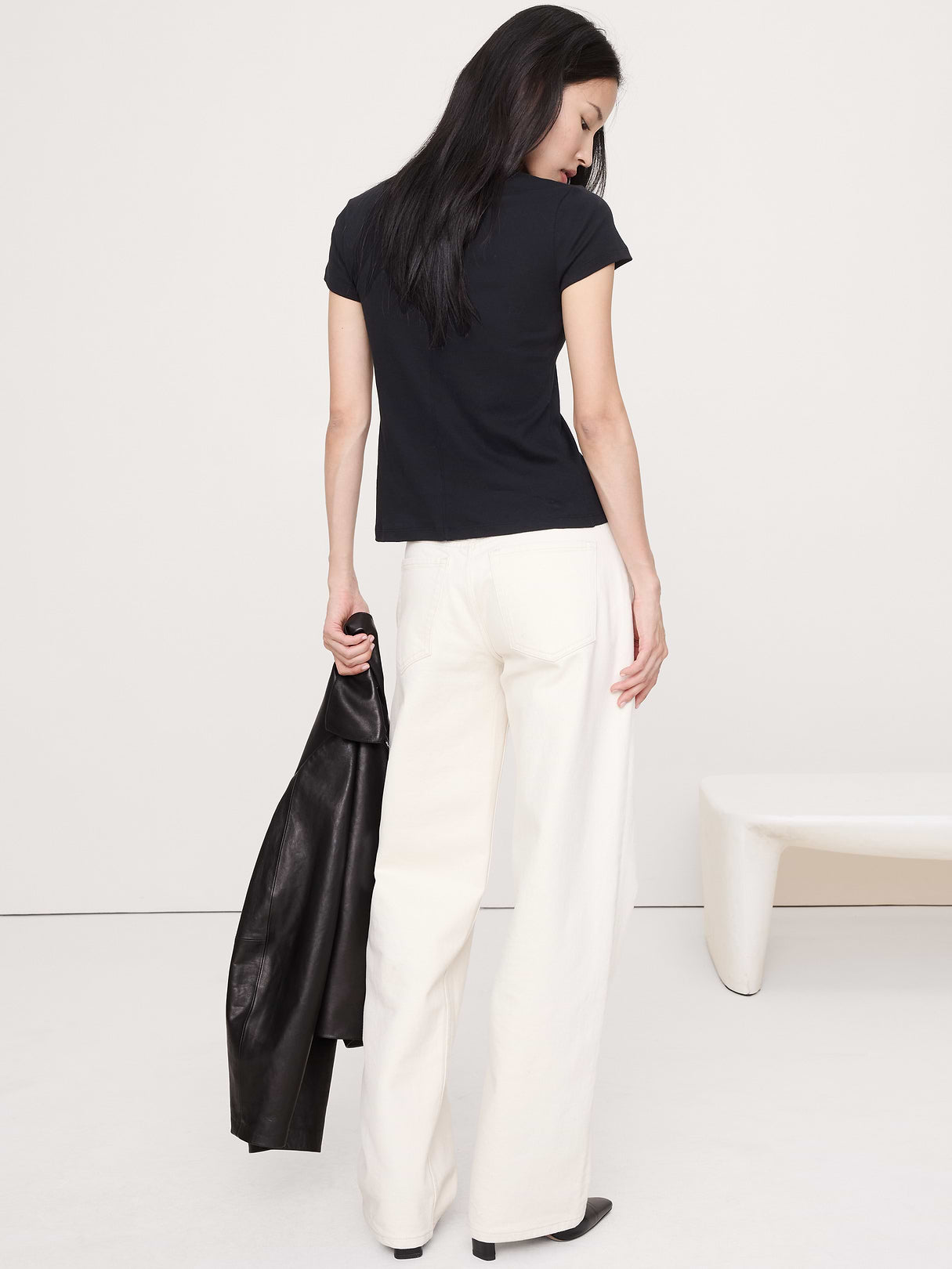 Airy Cotton Mock-Neck T-Shirt - Black