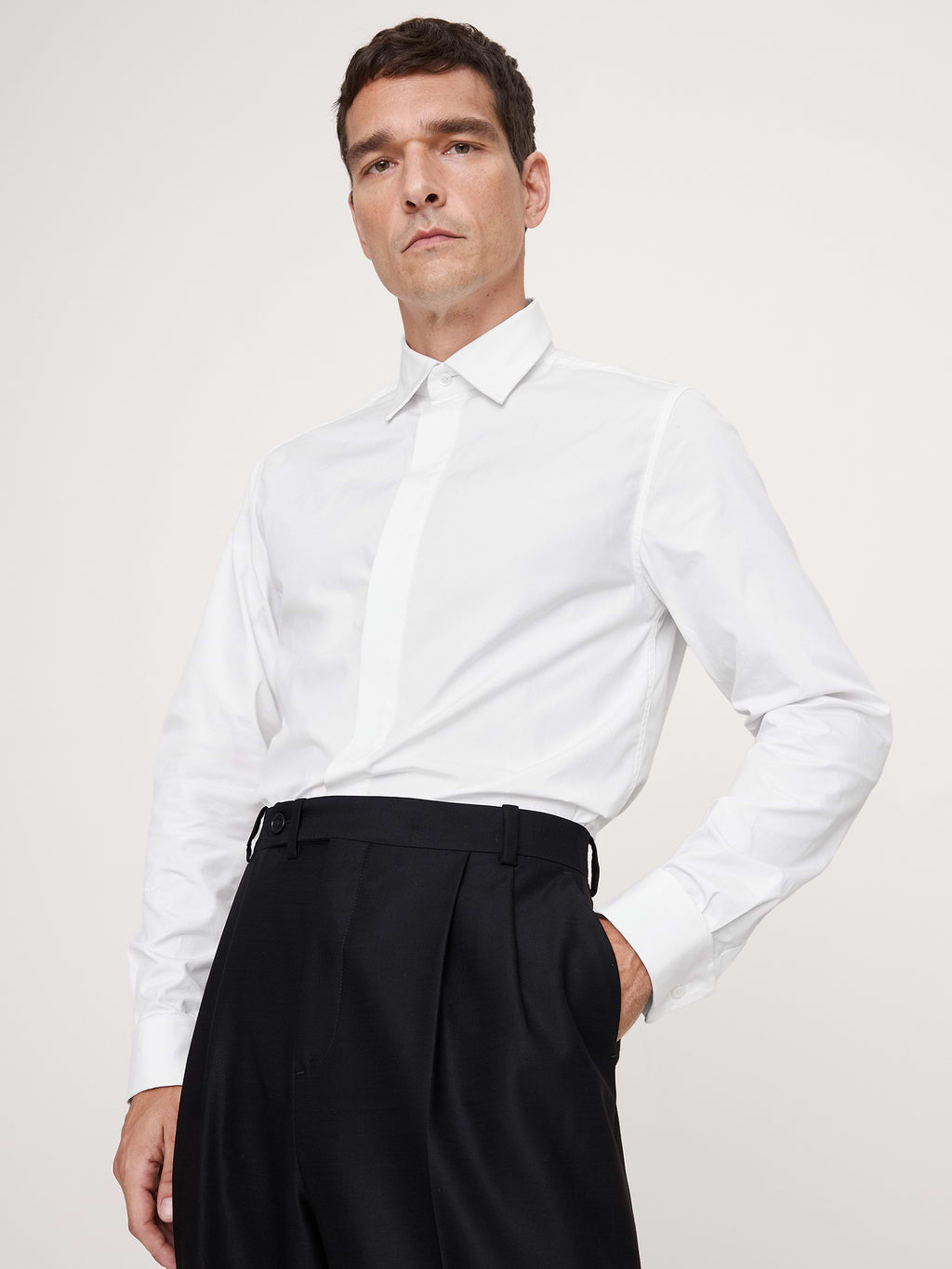 Slim-Fit Cotton Poplin Tuxedo Shirt with Spread Collar - White