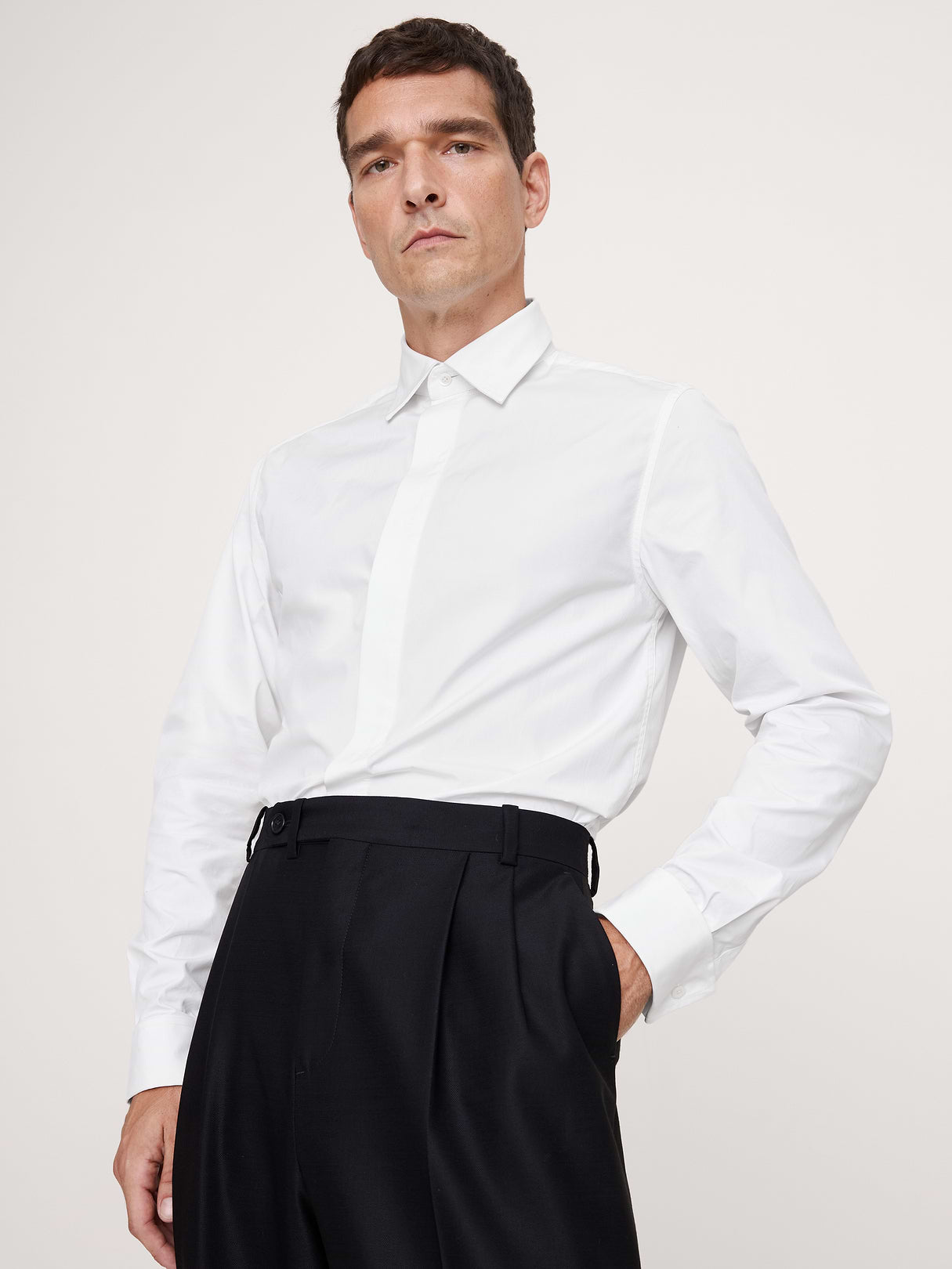 Slim-Fit Cotton Poplin Tuxedo Shirt with Spread Collar - White
