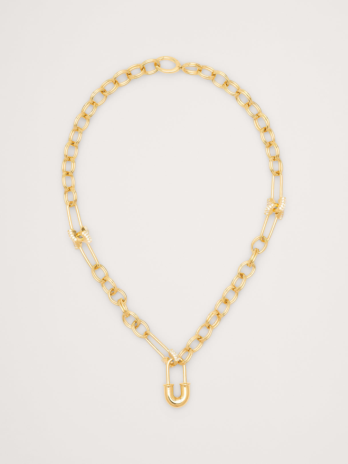 Rhinestone Safety Pin Chain Necklace - Gold