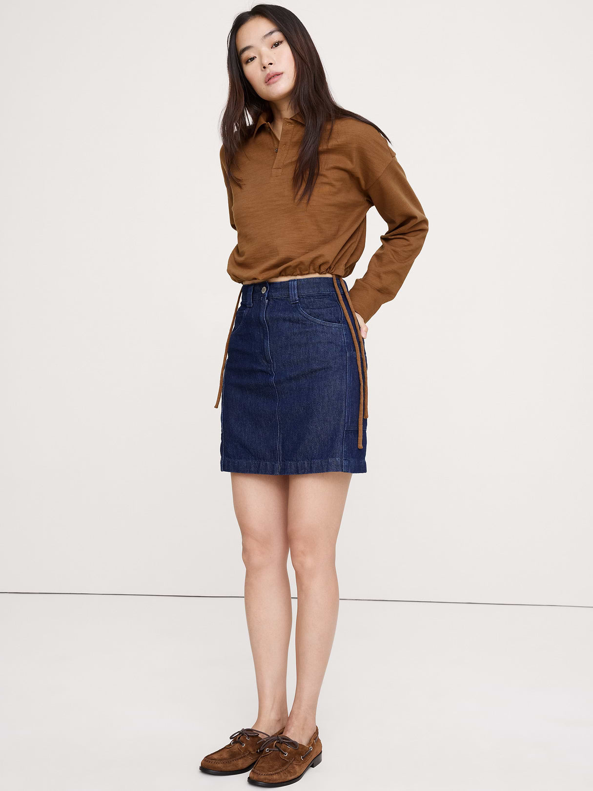 Heavy Cotton Slub Cropped Polo - Cinnamon Coffee Brown