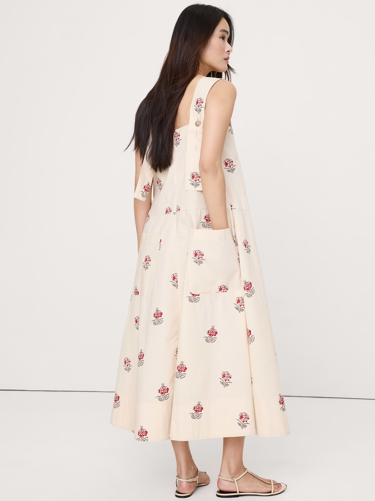 Square-Neck Apron Maxi Dress - Red Ditsy Floral (100% Cotton)
