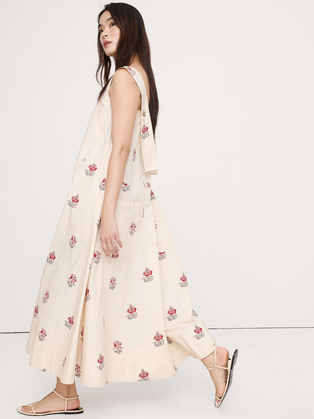 Square-Neck Apron Maxi Dress - Red Ditsy Floral (100% Cotton)