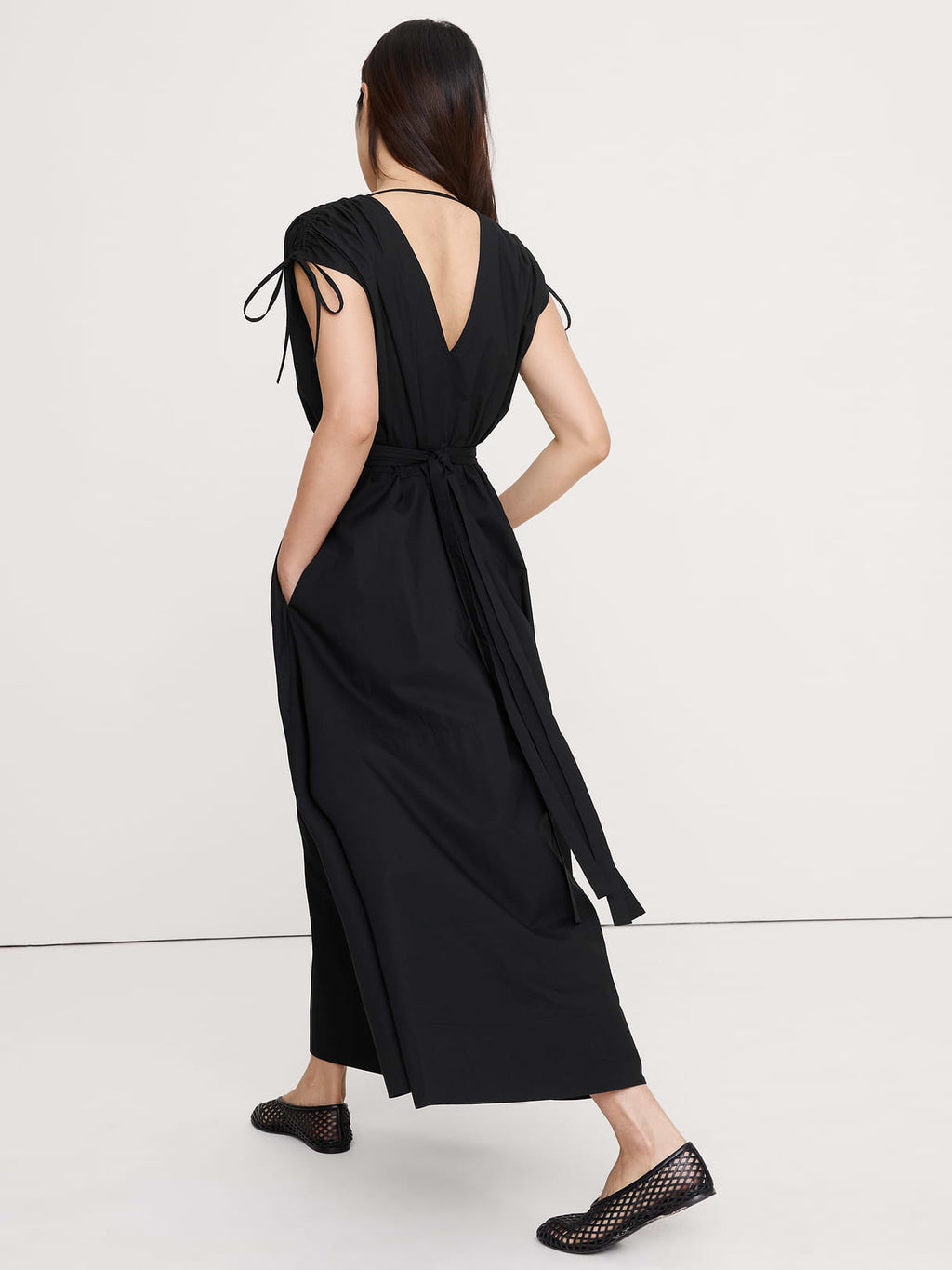 Poplin Ruched-Shoulder Maxi Dress - Black