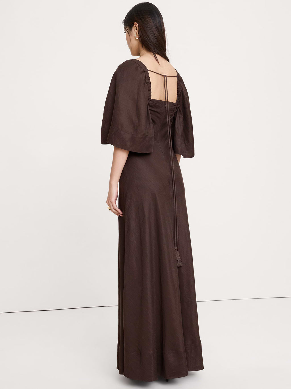Viscose-Linen Flutter-Sleeve Maxi Dress - Brownstone