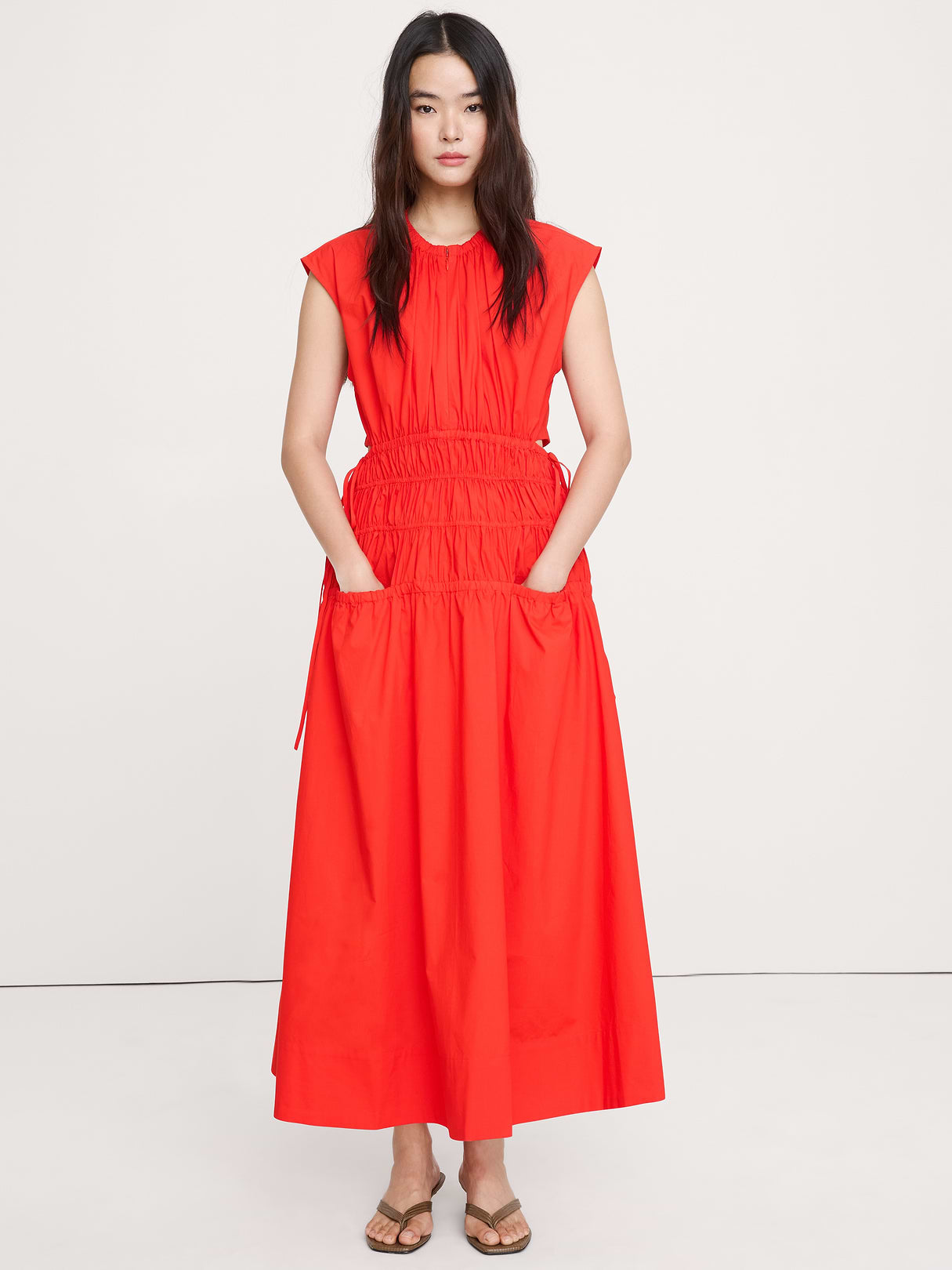 Smocked Cotton Poplin Maxi Dress with Open Back - Hot Red