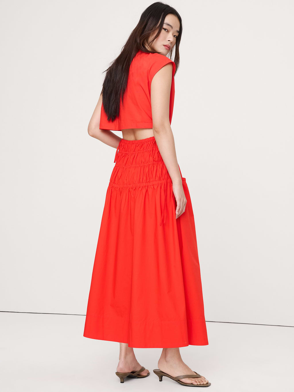 Smocked Cotton Poplin Maxi Dress with Open Back - Hot Red