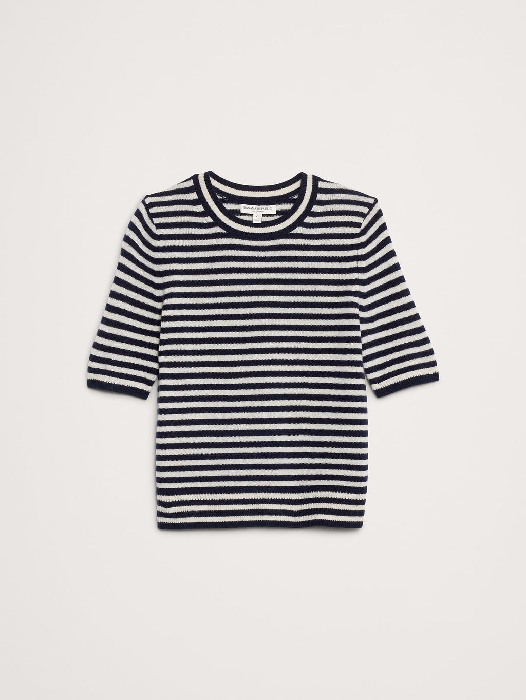 Lightweight Cashmere Short-Sleeve Sweater - Navy Blue Stripe