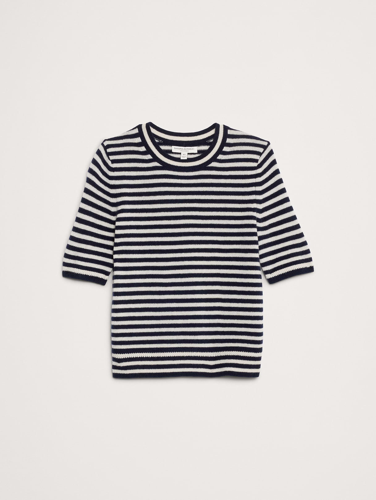 Lightweight Cashmere Short-Sleeve Sweater - Navy Blue Stripe
