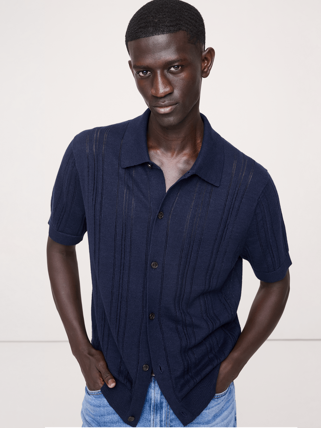 Linen-Cotton Textured Polo Cardigan - Navy Blue