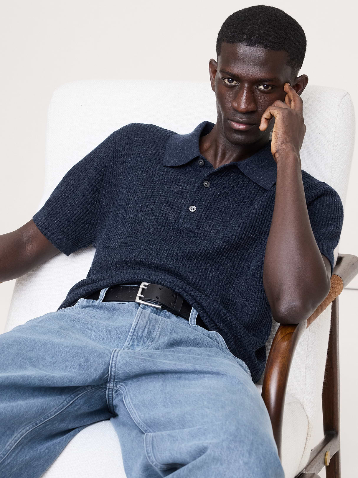 Linen-Cotton Sweater Polo - Navy Blue