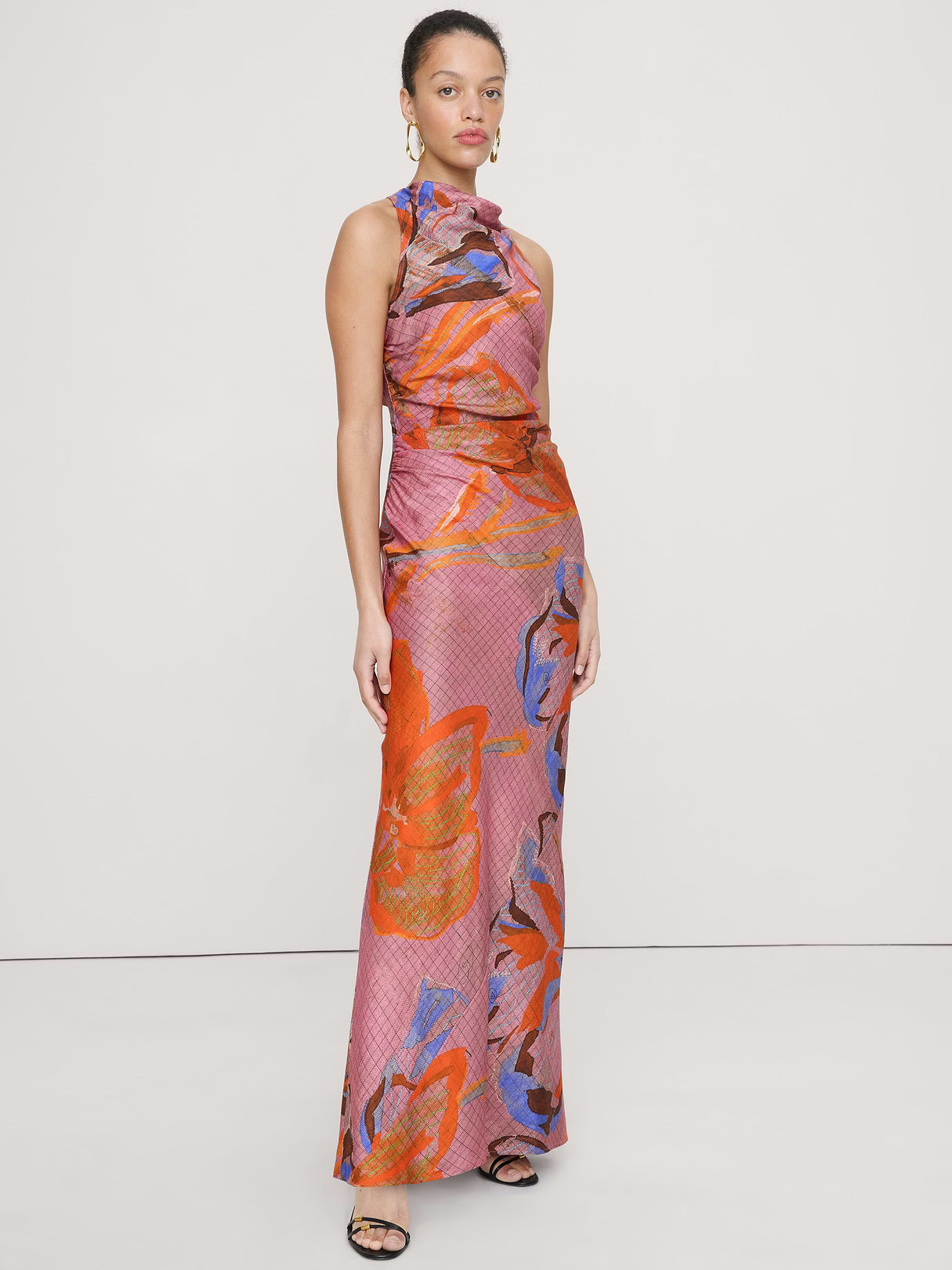 Viscose-Linen Cowl-Neck Dress - Pink Floral Grid
