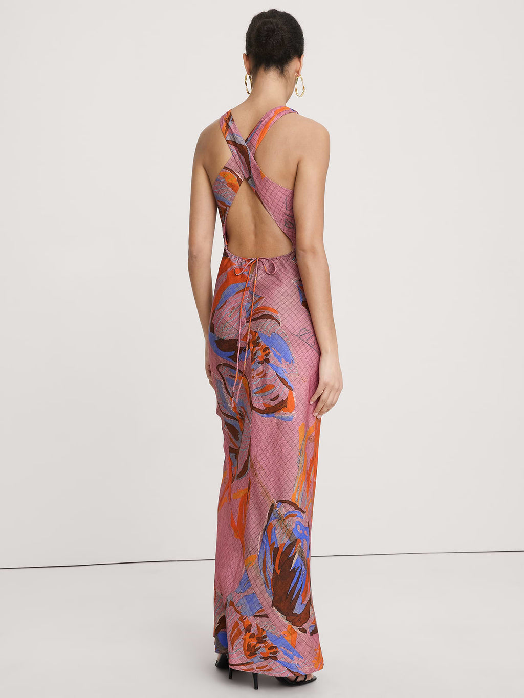 Viscose-Linen Cowl-Neck Dress - Pink Floral Grid